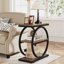 3-Tier End Table, Side Table With Storage Shelves, Small Sofa Side Table For Living Room, Wooden Side End Table With Double Round Metal Legs, Slim Nightstand And Bedside Table, Light Brown And Black - 淺棕色和黑色 - 查看 6