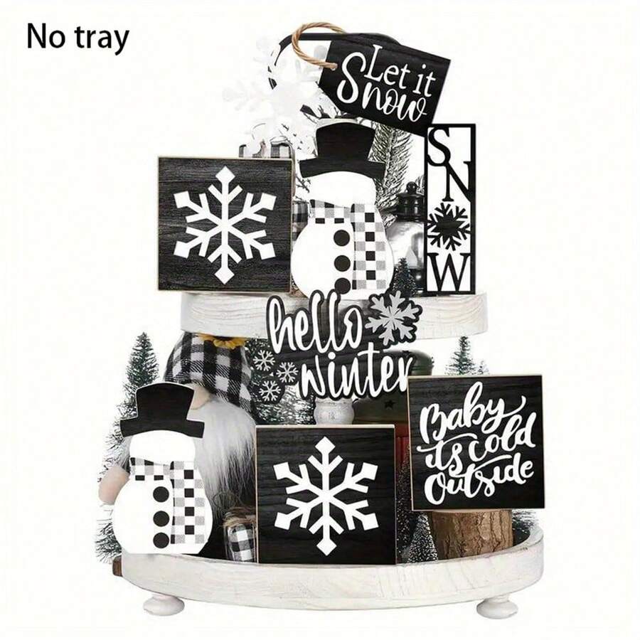 9pcs/Set Hello Winter Christmas Snowflakes Snowman Wooden Ornaments, Christmas Table Centerpieces Decorations, Merry Christmas Layered Tray Decor Ornaments, Christmas Day Decor, Christmas Gifts (No Tray) - Multicolor - View 1
