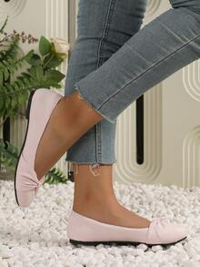 Women's Elegant Suede Ballet Flats With Bow Knot, Comfortable Breathable PU Lining, Slip-On Soft Sole Casual Shoes - 粉色 - 查看 4