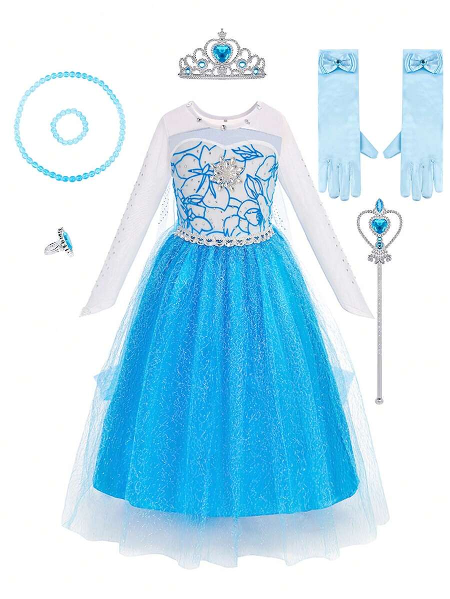 8 peças/Conjunto Vestido Floral de Manga Longa com Tela Azul para Meninas com Acessórios, Fantasia de Brincadeira de Criança, Vestido de Festa de Natal para Meninas - Azul - Visão 1