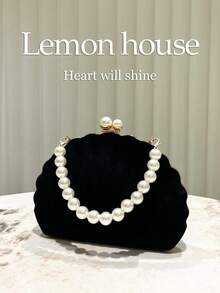 1 件复古优雅新中式天鹅绒贝壳形晚宴包，配珍珠手链，适合宴会、婚礼、派对等正式场合，是送给女性的绝佳礼物 - 黑色 - 查看 4