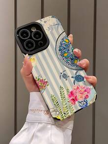 1 件条纹花瓶图案仿皮革纹理防刮防指纹防震手机壳，兼容苹果和三星手机 - 彩色 - 查看 3