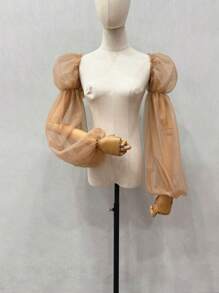 1 件白色网眼双层 2 节泡泡袖带弹性袖口，新娘长袖套秋季配饰 - 彩色 - 查看 25