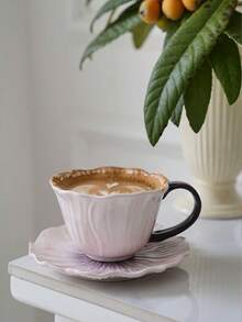 1pc Vintage Dreamy Purple Hibiscus Ceramic Coffee Cup & Saucer, Hand-Painted Underglaze Latte Mug, Gift For Afternoon Tea