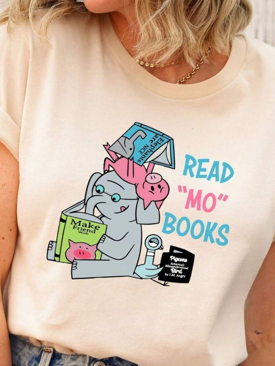 Read More Book T-Shirt, Good Day To Read  Tee Funny Piggie Elephant Pigeons Shirt, Children Books, Book Lover Gift Casual Dressy T Shirts Workout Clothes 100% Cotton, Breathable And Comfortable - 白色 - 查看 1