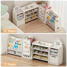Foldable Kids Toy Storage Organizer With 10 Removable Bins And 3-Tier Bookshelf, 3 In 1 And 4 In 1 Multifunctional Large Toy Organizer With Drawing Board For Kids Bedroom Playroom Living Room - 4 In 1 Off-light Beige - View 9