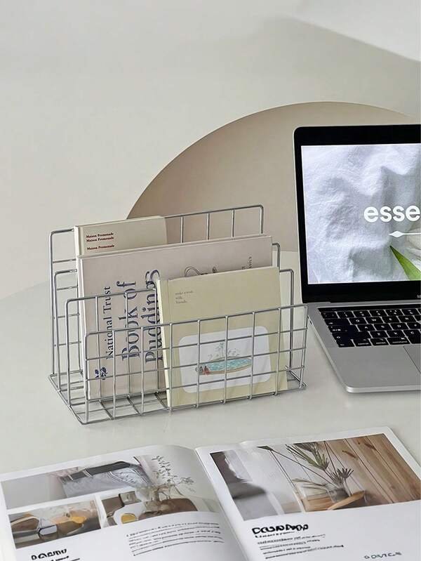 1/2pcs Modern Metal Bookshelf With 3-Section Storage Basket, Ins Simple Iron Tabletop Storage Rack Desktop Organizer Bookshelf Storage Rack Multifunctional Magazine And Newspaper Organizer Box For Home Office Storage And Decoration