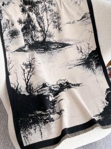 1 件女士复古时尚水墨画围巾，艺术女士毛毯围巾长斗篷披肩，时尚设计师新款优雅系列礼物，适合服装、拍摄照片和温暖的冬秋季