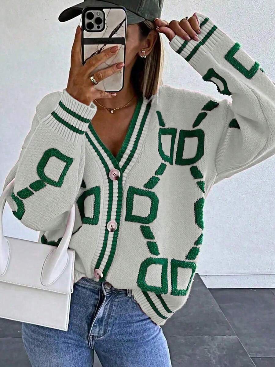 Women's Casual Letter Pattern V-Neck Single-Breasted Knitted Cardigan Sweater, Long Sleeve, Autumn/Winter