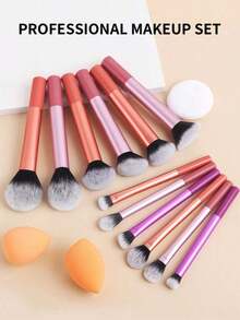12pcs Multi-Functional Makeup Brush Set Including Powder Brush, Blush Brush, Foundation Brush, Eyeshadow Brush, Blending Brush, Contour Brush, Along With An Oblique Cut Makeup Sponge, Rounded Makeup Sponge, And White Powder Puff,Summer Style, Back To School,Travel,Travel Essential,Valentine's Day,Cheap,Travel Makeup Brush,Gifts For Women,Makeup Artist,Professional Complete Makeup Kit - Multicolor - View 5
