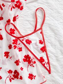 2 pièces Robe de lingerie sexy en maille à imprimé floral floqué rouge avec culotte tanga, douce, mignonne, élégante