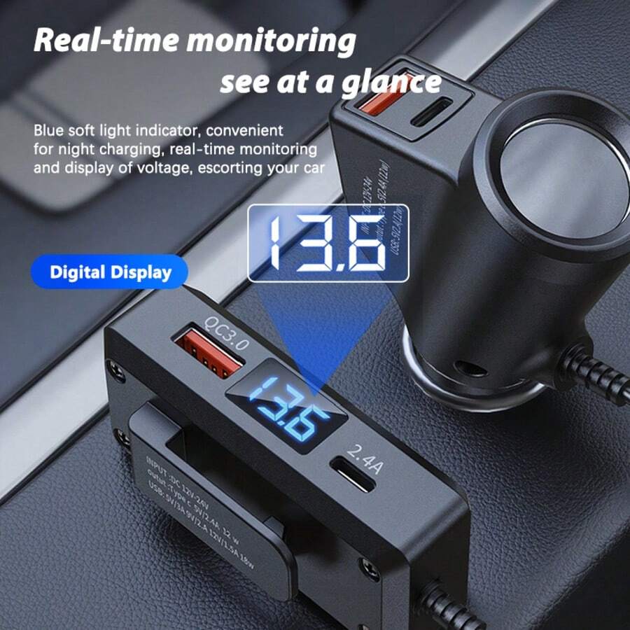 1pc Black 4-In-1 USB+ C Car Charger, Multi-USB Car Adapter, Socket ...