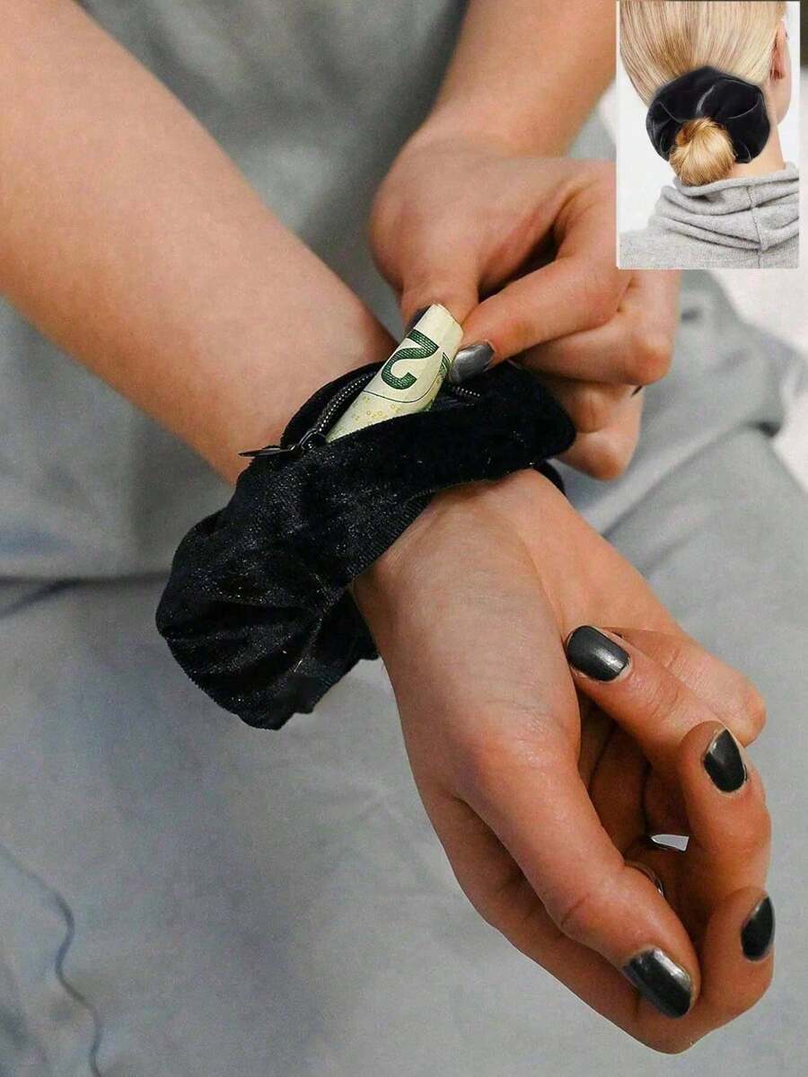 1pc Multi-Functional Hair Tie Storage Pouch - Portable Money Hider & Organizer, Non-Waterproof, Zippered Scrunchie Elastic Hair Tie With Secret Pocket For Keys, Cash, Headset, Accessory Storage - Fashionable Polyester Hair Band Accessory, Large Capacity Makeup Organizer Makeup Case, For Lipstick, Brush, Skincare, Mobile Phone, Coin, Small Items, For Home, Gift, Vacation And Festival Halloween Christmas Multifunctional Use Home Bathroom Decor Summer - 黑色 - 查看 1
