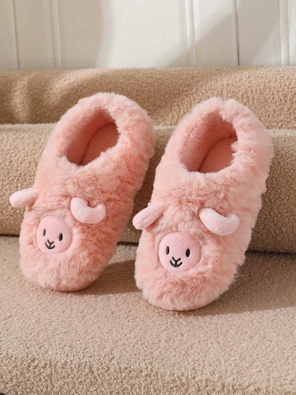Pantufas quentes de ovelha com desenho animado fofo para outono/inverno, pantufas unissex antiderrapantes de pelúcia grossa para ambientes internos/externos