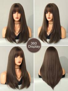 7JHH WIGS 24英寸优雅长直发假发，带刘海，冷棕色，采用柔软耐热纤维制成，全手工编织多层合成假发，适合日常佩戴、音乐节、毕业礼物和母亲节礼物。 - 亞麻棕 - 查看 6