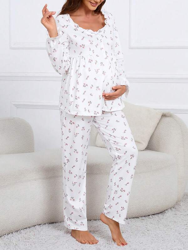 2 Stücke Umstandsmode Blumen V-Ausschnitt Knopfleiste Langarm Oberteil und Hose bequemer Loungewear Set
