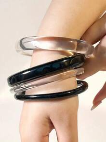 4pcs/Set Unique Design Transparent & Black Resin Bangle Bracelet Set For Women, Elegant For Party, Daily Outfit Matching Dresses, Suitable As Gift For Friends And Family - Multicolor - View 2