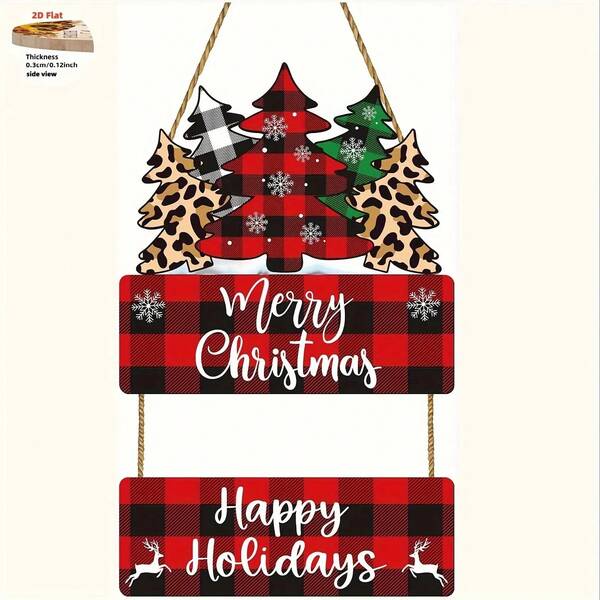 2D Flat, 1 Piece Merry Christmas Wooden Hanging Sign - Red And Black Plaid Snowflakes, Pine Trees And Reindeer Pattern For Front Door, Porch, Wall 2D Flat Holiday Decorations, Indoor Home Decor, Outdoor Christmas Decorations, Durable Wood, Holiday Gift Buyers, 2D Flat