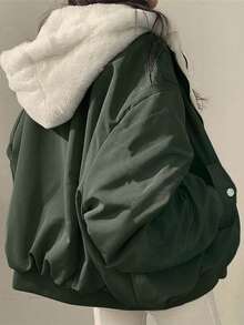 女式超大号连帽外套，仿毛领，修身廓形，双面口袋，可双面穿，休闲街头风格，秋冬短款夹克 - 墨綠色 - 查看 6