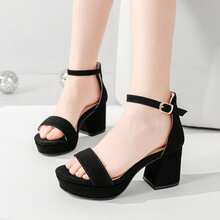 Girls Chunky Heel Strappy Sandals Open Toe Ankle Buckle Dress Shoes For Wedding Party School Little Big Kids - 牛巴革黑色 - 查看 4