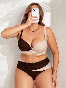 Swim Lushoire Plus Size Color Block Underwire Swimsuit Set For Vacation - Multicolor - View 1