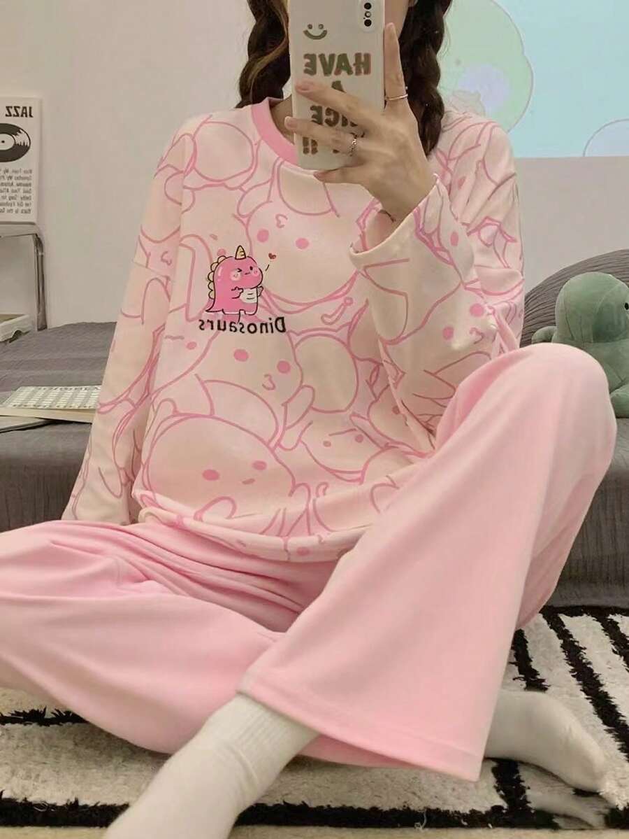 AICJ 两件套女士休闲恐龙印花长袖上衣和裤子睡衣套装，适合春、夏、秋季穿着，舒适保暖，秋冬皆宜。