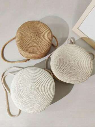 女士时尚圆形编织斜挎包 - 手工编织草编单肩包，非常适合海滩度假，有卡其色、白色和奶油色可选，时尚手提包，波西米亚风格，拉链开合，沙滩包配件