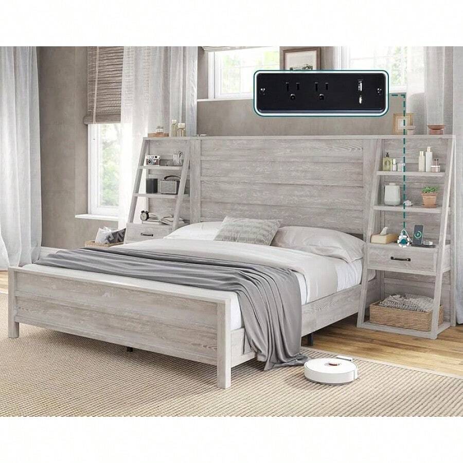 Farmhouse Platform Bed Frame With Wide Headboard & 4-Tier Bookshelves, Charging Station, 2 Storage Drawers, Noise-Free, No Box Spring Needed - 質樸的白色 - 查看 1