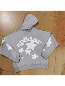 Spider Web Print Hooded Sweatshirt - Casual Loose Fit Pullover,  Athletic Top - 灰色 - 查看 2