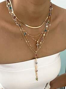 5pcs/Set Fashionable Y-Shaped Necklace Set, Elegant Vintage Design With Colorful Rhinestones, Cross, Snake Bone Chain, Minimalist Plain Chain Pendant Necklaces, Suitable For Holiday, Party, Daily Wear - Yellow Gold - View 3