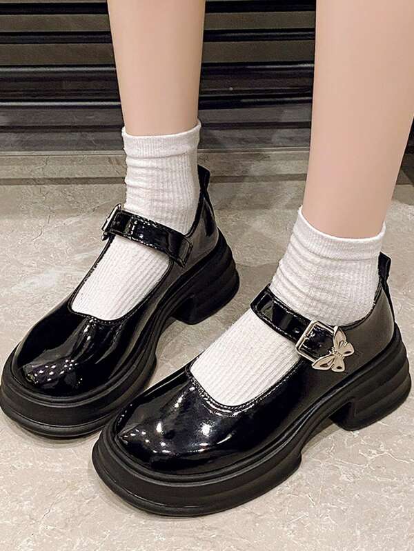 1 Pair Glossy Strap Design Casual Versatile Loafers For Teens