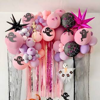 91pcs Pink Halloween Ghost Spider Web Explosion Star Set, Pink, White, Black Happy Halloween Party Decoration Supplies Balloon Arch, Perfect Halloween Decoration Gift For Your Family