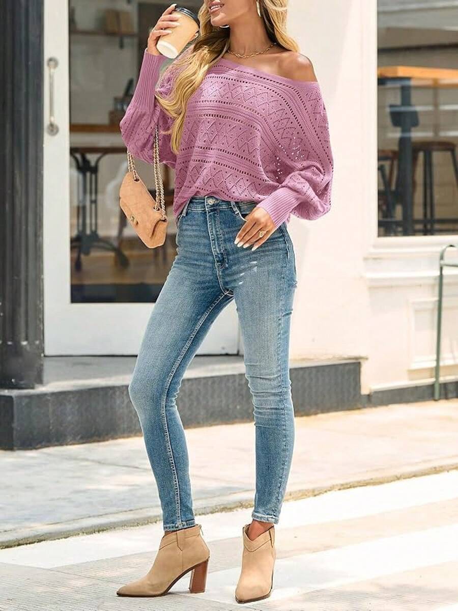 Womens Off Shoulder Sweaters Fall 2025 Oversized Knit Batwing Long Sleeve Crochet Pullover Sweater Tops - 粉色 - 查看 1