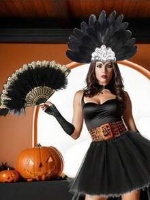 1/3 件风格羽毛扇头带围巾，万圣节礼物，优雅复古折叠女式手扇，适合舞蹈、音乐节、T 台、古典服装配饰