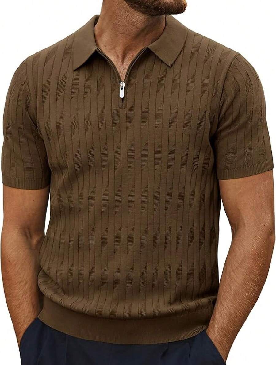 Men's Quarter Zip Polo Shirts Short Sleeve Textured Knit Polo T Shirt Business Casual Golf Shirts-2025
