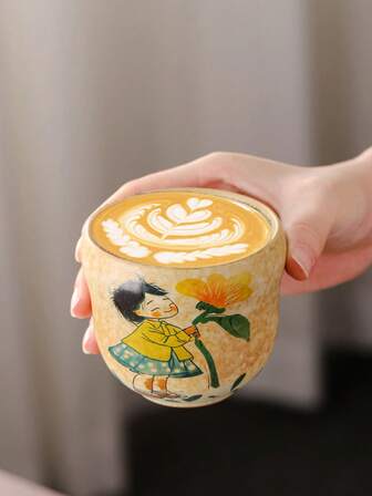 1pc 270ml/9.5oz Ceramic Grip Coffee Mug, Cute Cartoon Design High-Quality Gift Cup, Household Matcha Tea Cup, Office Lady Use, Suitable For Friend & Couple Birthday Gift