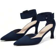 Women's Kitten Heel Pointed Toe Ankle Buckle Strap Suede Pumps Dress Wedding Shoes - 藏蓝色 - 查看 1
