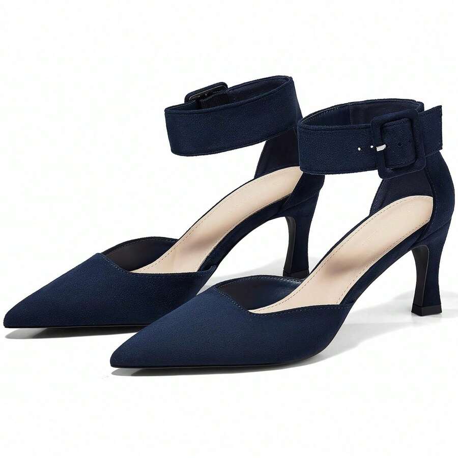 Women's Kitten Heel Pointed Toe Ankle Buckle Strap Suede Pumps Dress Wedding Shoes - 藏蓝色 - 查看 1