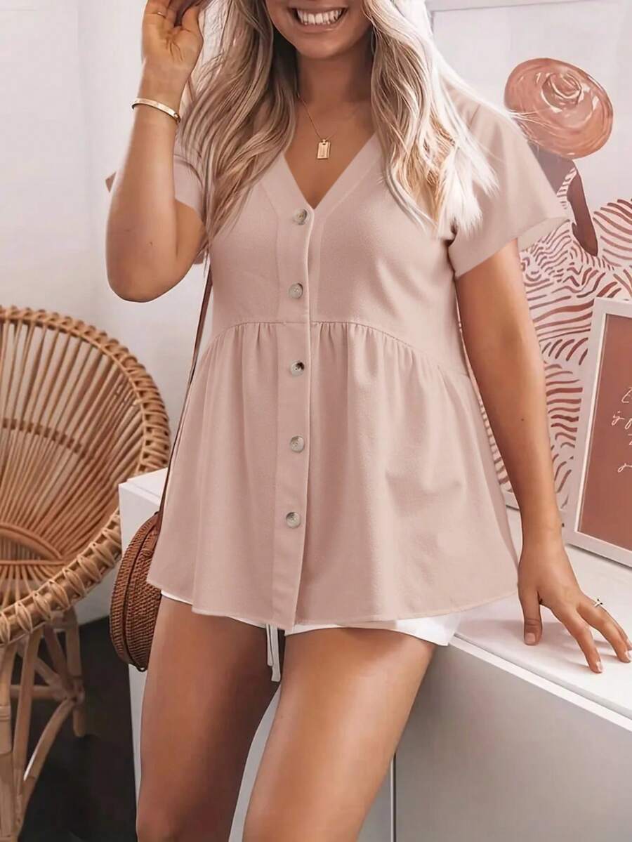 Womens Short Sleeve V Neck Babydoll Peplum Blouse Button Down Loose Casual Top - Hồng - Xem 1