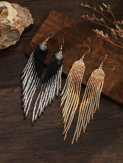 Bohemian Beaded Earrings, Vintage Style With Gold And Black Color, Asymmetrical Geometric Tassel Pendant, Elegant And Fashionable Accessory Suitable For Women's Daily Wear And Gift