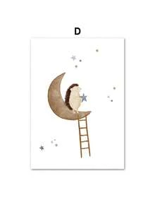 1 pieza Póster de arte de pared con impresión en lienzo de estilo boho con cohete espacial, oso, conejo, erizo, abeja y flores para decoración de habitación de bebé y niños