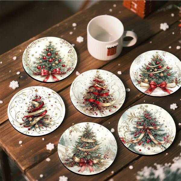 1set/4 Pieces /6 Pieces Christmas Bow And Christmas Tree House Pattern Diatom Mud Coasters, Coffee Coasters, Multi-Occasion Decoration For Home And Restaurant, Daily Gifts, Table Decoration, Daily Decoration, Theme Party Decoration