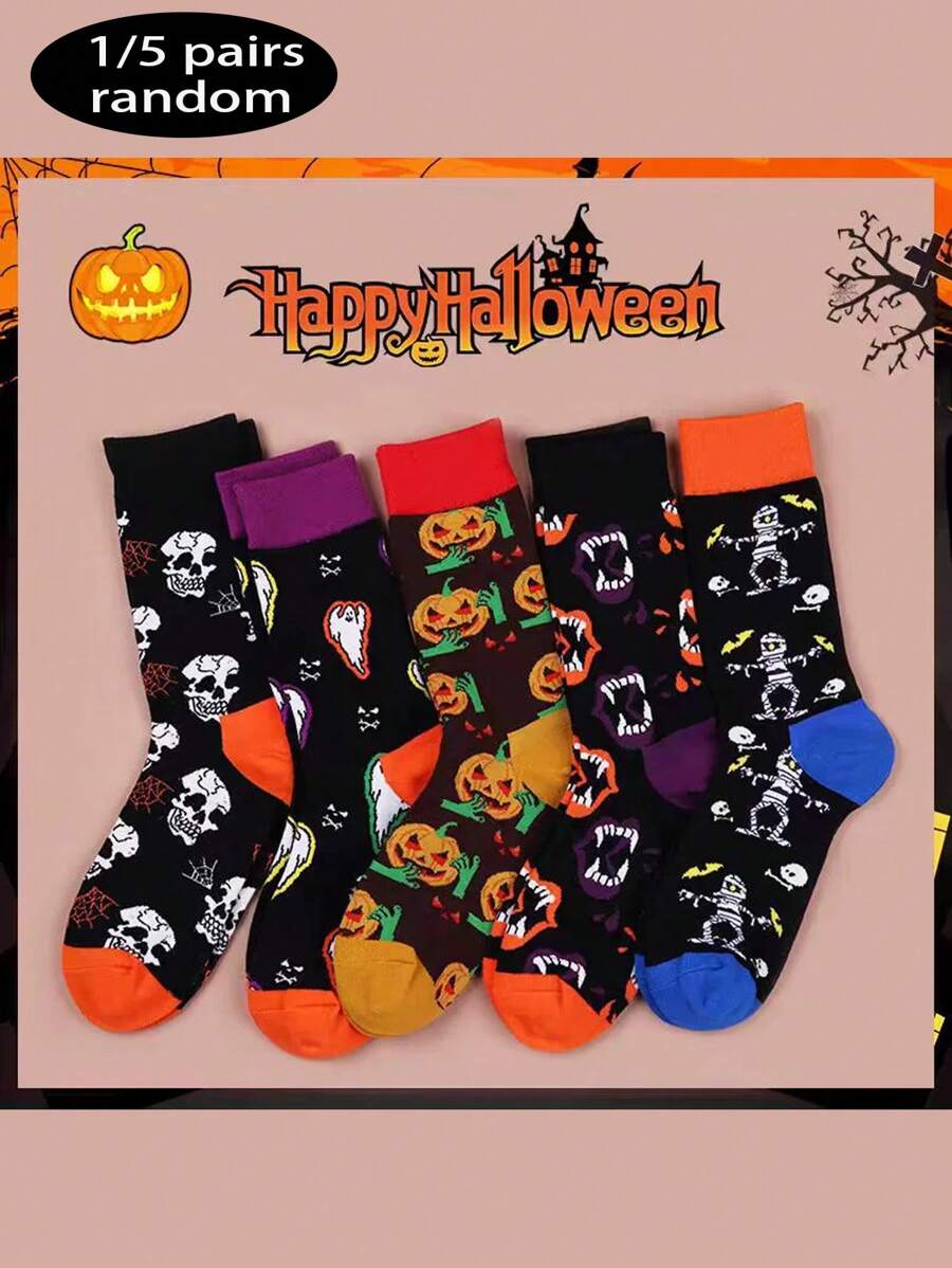 1/5 Pares Meias Médias Sortidas Aleatoriamente - Novas Meias Médias de Halloween com Abóbora para Homens e Mulheres, Casais, Estilo Europeu