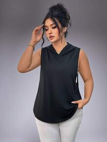 Áo thể thao nữ cỡ lớn, kiểu tank top, in chữ, không tay, có mũ trùm đầu, nhanh khô, dáng rộng, vạt cong. - màu đen - Xem 4