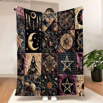 Vintage Quilted Flannel Blanket, Soft, Warm And Comfortable With Celestial Floral Pattern, Suitable For Sofa, Bed, Car, Office, Camping All Season Gift Blanket, Ideal For Halloween, Christmas Gifts, Cozy Throw, Camping Accessory