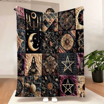 Vintage Quilted Flannel Blanket, Soft, Warm And Comfortable With Celestial Floral Pattern, Suitable For Sofa, Bed, Car, Office, Camping All Season Gift Blanket, Ideal For Halloween, Christmas Gifts, Cozy Throw, Camping Accessory