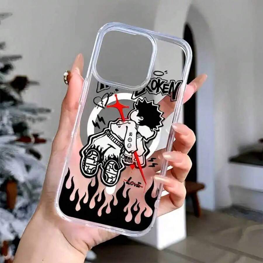 Una elegante funda para teléfono con una ilustración creativa de anime con personajes distintivos y motivos de llamas.Diseñado para el 16 Pro, así como los modelos 15/14 PLUS y 13/12/11 Pro, esta de moda 2025 presenta una funda magnética de acrílico transparente que ofrece protección golpes y un diseño híbrido clásico. - transparente - Ver 1