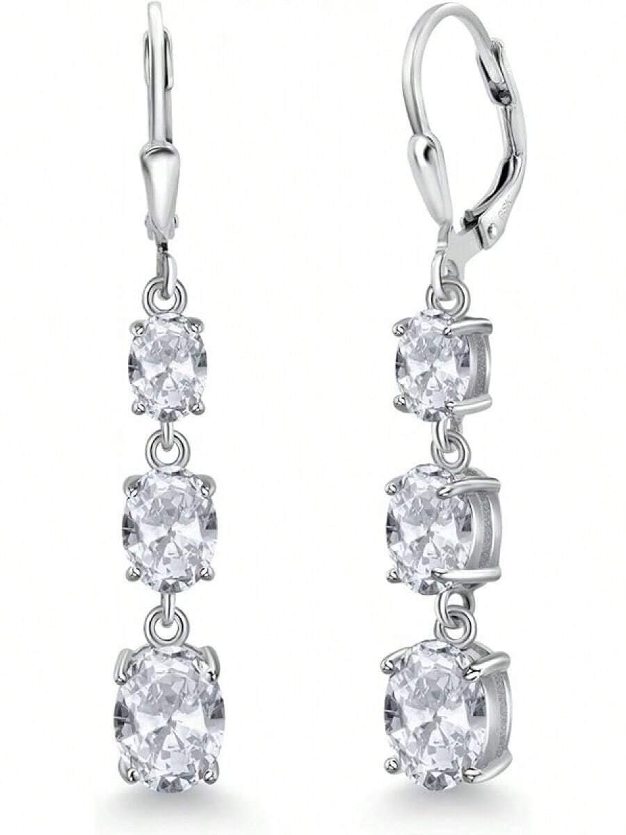 Gem Stone King 3-Stone Leverback Drop Dangle Earrings Women | 925 Sterling Silver | Gemstone Birthstone | Oval 8X6MM 7X5MM And 6X4MM | Fine Jewelry Gifts Her Mom Women Wife - 白色托帕石,十一月 - 查看 1
