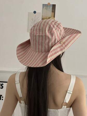 1 件复古条纹撞色宽边渔夫帽，波西米亚风春夏遮阳帽，明亮的单色外观，防紫外线钓鱼帽，款式和颜色随机