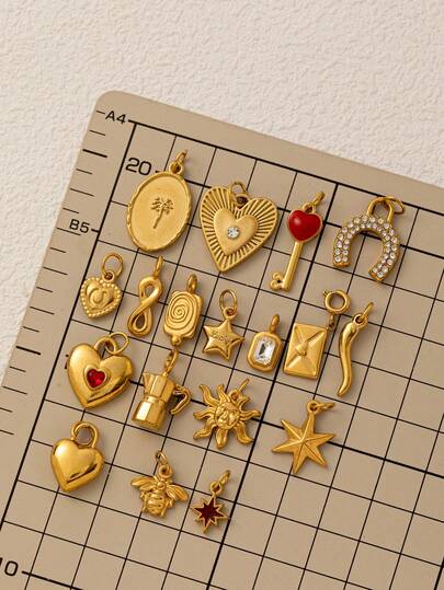 1件新款时尚不锈钢辣椒、马蹄铁、心形、五角星、太阳、贝壳造型吊坠，18K镀金，DIY饰品配件，可作项链、手链、钥匙扣，易于搭配，也可作为精致吊坠佩戴。